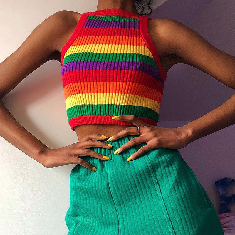 Women's Knitted Rainbow Vest Europe And America