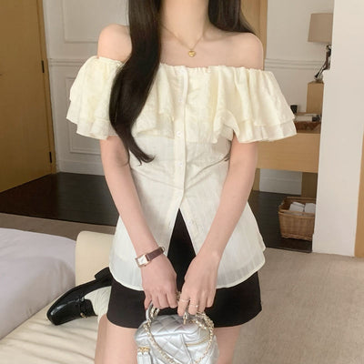 French Style Design Ruffled Off-shoulder Shirt