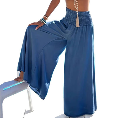 Solid Color High Waist Smocking Ice Silk Wide Leg Trousers