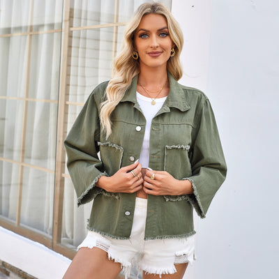 Washed Loose Army Green Denim Coat Top