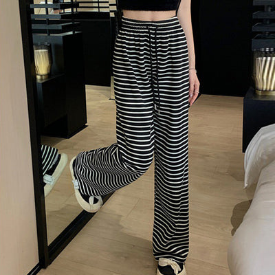 Women's Ice Silk Straight Black And White Striped Casual Pants
