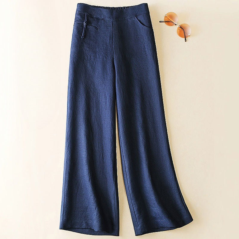 New Half Elastic High Belt Buckle Slimming Casual Cotton Linen Wide Leg Pants