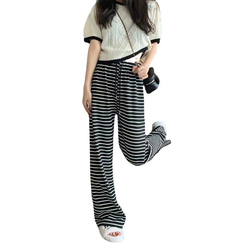 Women's Ice Silk Straight Black And White Striped Casual Pants