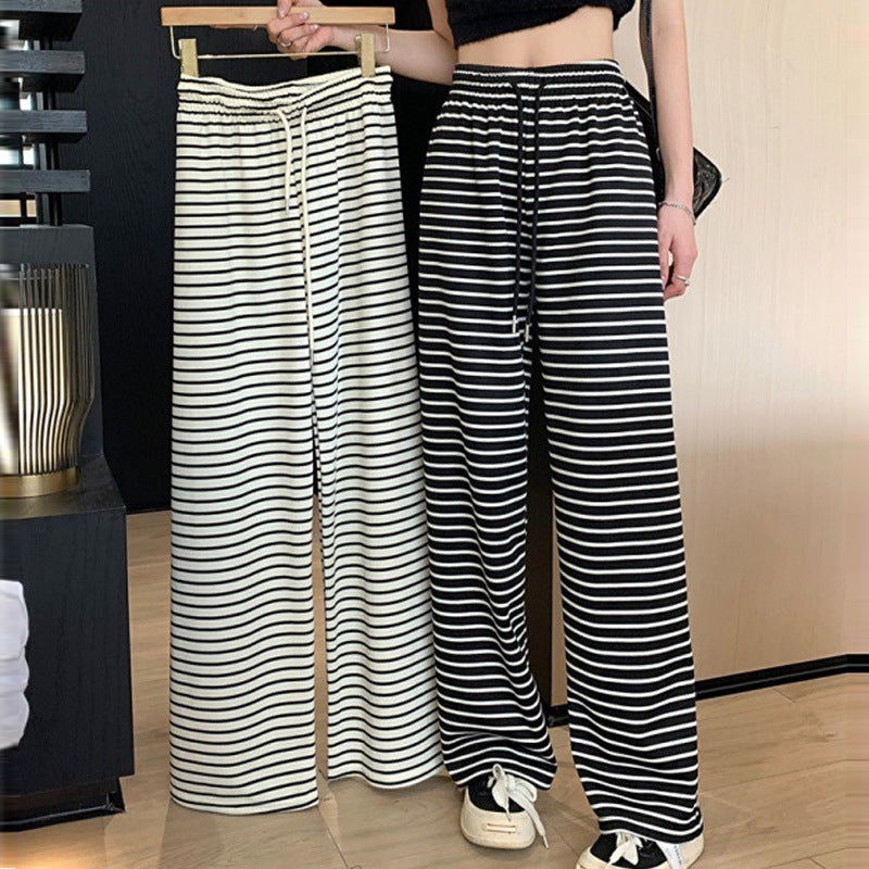 Women's Ice Silk Straight Black And White Striped Casual Pants
