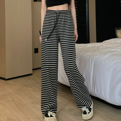 Women's Ice Silk Straight Black And White Striped Casual Pants