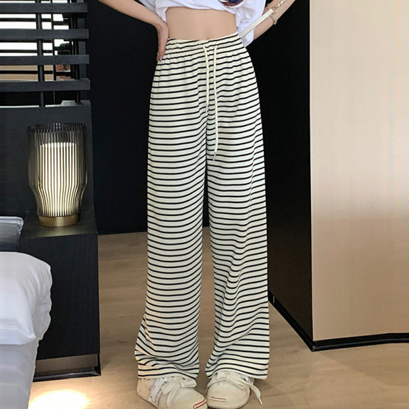 Women's Ice Silk Straight Black And White Striped Casual Pants