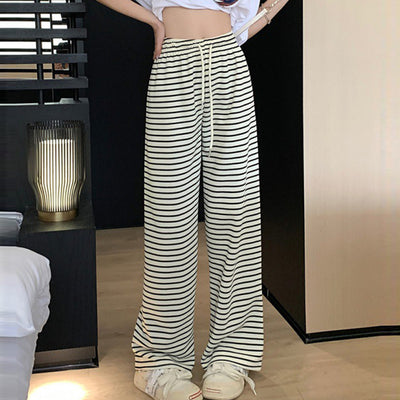 Women's Ice Silk Straight Black And White Striped Casual Pants
